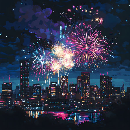 Vibrant fireworks illuminate a city at night. A stunning display against a dark sky, reflecting beautifully on the water.の写真素材