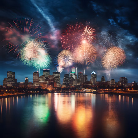 Fireworks over city at night. Stunning display.の写真素材