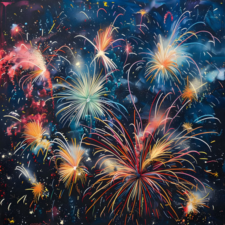 A breathtaking painting depicting a multitude of fireworks illuminating the night sky. The vibrant colors and dynamic composition create a sense of joy and wonder.の写真素材
