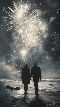 A romantic couple holds hands while watching a spectacular fireworks display over the ocean at night. The scene is filled with serenity and wonder.の写真素材