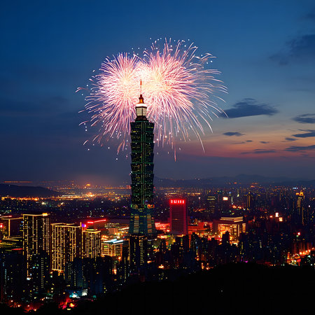 A breathtaking view of Taipei 101 at night, illuminated by a vibrant fireworks display. The...