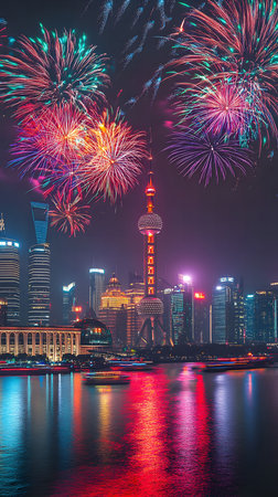Stunning fireworks illuminate Shanghai's iconic skyline at night, reflecting in the calm waters. A...