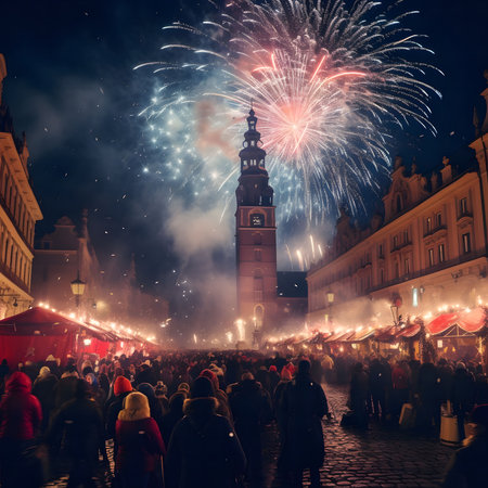 A breathtaking New Year's Eve fireworks display over a historic European city square, filled with...