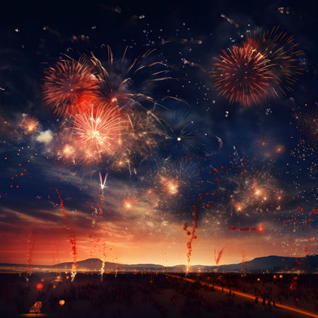 Stunning fireworks illuminate the night sky over a city, creating a magical and breathtaking scene.の写真素材