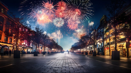 A vibrant cityscape at night, illuminated by fireworks. The festive atmosphere is captivating.の写真素材