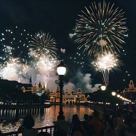 A breathtaking fireworks display illuminates a stunning cityscape over water at night. The scene is...