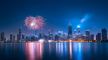 Stunning fireworks display over the Chicago skyline at night. The city's lights and the fireworks' reflections create a captivating image.の写真素材