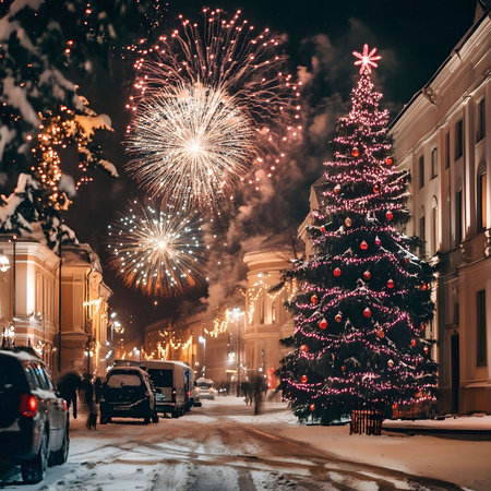 A stunning snowy city scene at night with fireworks and a giant decorated Christmas tree.の写真素材