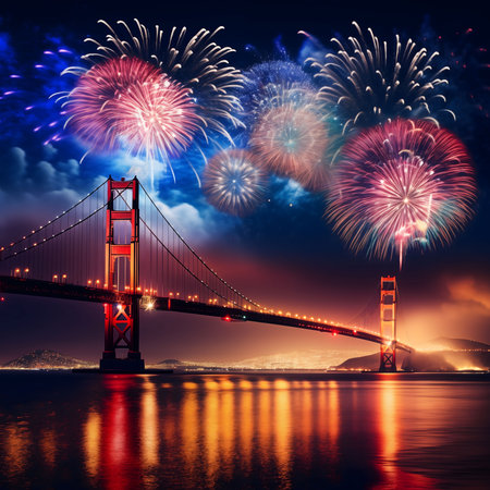 Spectacular fireworks illuminate the Golden Gate Bridge at night. A vibrant display of color reflects in the water.の写真素材
