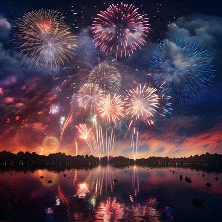 Stunning fireworks illuminate the night sky over a calm lake, creating a breathtaking reflection in...