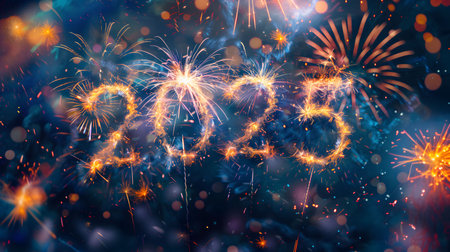 Happy New Year! A vibrant image of 2025 written in fireworks, a perfect celebratory backdrop.