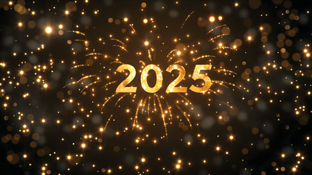 A dazzling display of golden fireworks illuminating the night sky with the number 2025.