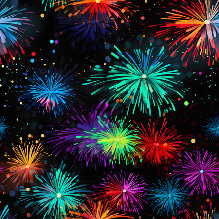 A vibrant image depicting a multitude of colorful fireworks exploding against a dark night sky, creating a dazzling and festive atmosphere.の写真素材