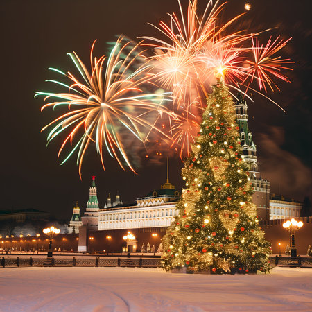 A breathtaking view of fireworks exploding over Red Square in Moscow during the New Year's Eve celebration. A giant Christmas tree adds to the festive atmosphere.の写真素材