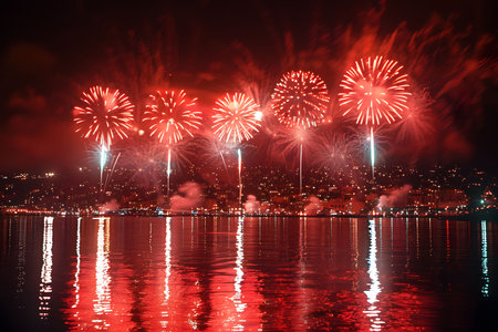 Stunning fireworks over a city reflecting on calm waters. A vibrant night spectacle.の写真素材