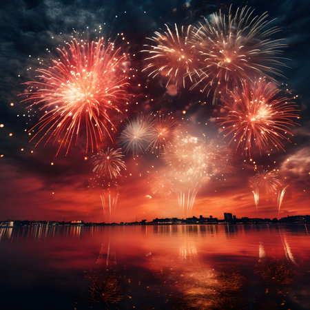 Vibrant fireworks illuminate the night sky above a tranquil body of water, reflecting the colorful...