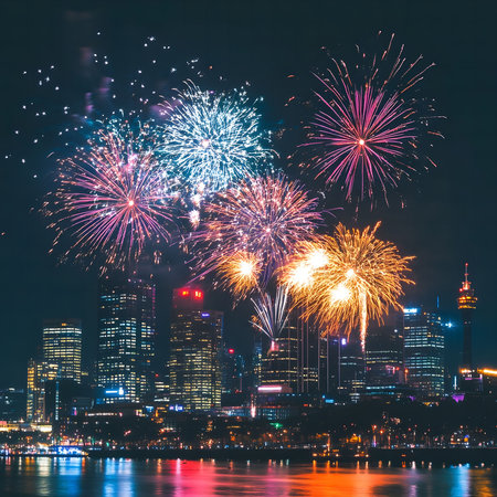 Stunning fireworks illuminate a city's skyline at night, creating a vibrant and festive atmosphere.の写真素材