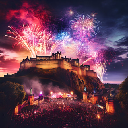 Breathtaking fireworks illuminate Edinburgh Castle during a vibrant nighttime celebration. A massive crowd enjoys the spectacular display.の写真素材