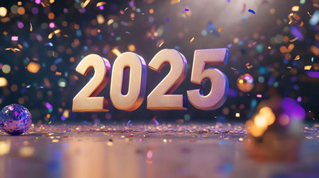 3D rendering of 2025 with confetti. Happy New Year!