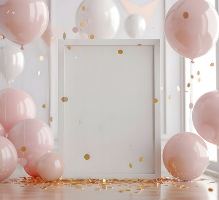 A minimalist scene with pink balloons and a white frame, perfect for mockup or party invitation design. Gold confetti adds a festive touch.の写真素材
