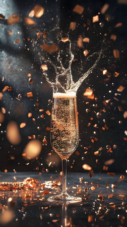 A glass of champagne with a splash, surrounded by golden confetti, perfectly captures the festive spirit of a celebration.の写真素材