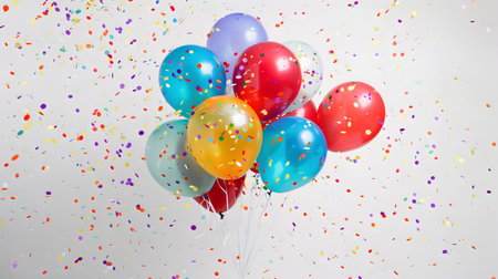 A bunch of colorful balloons with confetti falling, perfect for a birthday or any celebration.