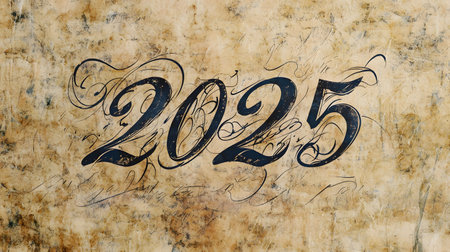 2025 New Year's design with elegant calligraphy on a vintage textured backgroundの写真素材