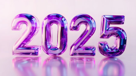 Shiny purple glass numbers 2025 on a reflective surface. New Year's digital art.