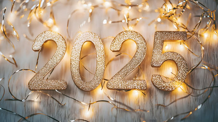 Golden 2025 numbers adorned with sparkling lights, symbolize a joyous New Year's celebration