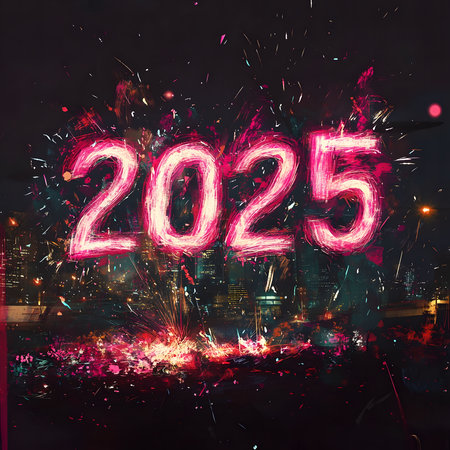 A vibrant depiction of 2025 written in fireworks, exploding over a city skyline at night,...