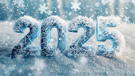 Icy digits forming 2025 in snowy landscape. New Year's greeting.
