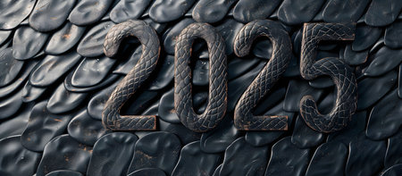 A 3D rendering of the year 2025 crafted from snake scales, set against a textured background. Dark,...