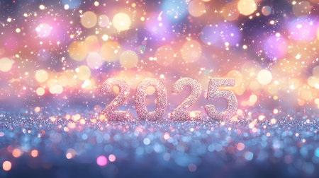 A vibrant image of 2025, shimmering with festive lights and glitter, signifying a joyful new year.