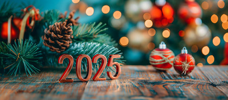 A rustic wooden table scene with 2025 numerals, pine branches and Christmas ornaments, featuring warm lighting. It signifies the start of the new year.の写真素材