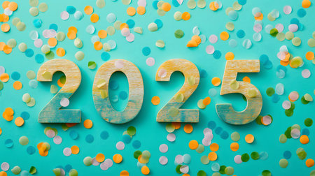 2025 New Year's celebration. Colorful confetti and wooden numbers on a turquoise background.の写真素材