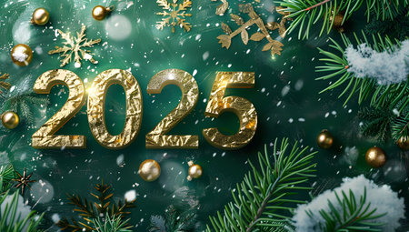 A festive New Year's image featuring gold 2025 numbers, pine branches, and snowy elements.