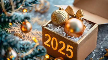 A golden gift box with 2025, filled with ornaments, sits near a decorated Christmas tree. Festive...