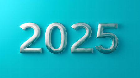 3D rendering of metallic numbers 2025 against a vibrant teal background. A clean, modern design for...
