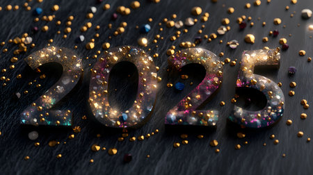 2025 glitters in shimmering gold and jewel tones, ready for a celebratory New Year's Eve.