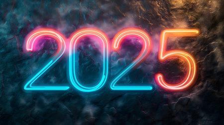 Glowing neon 2025 on a dark background. Futuristic design for New Year's celebration.