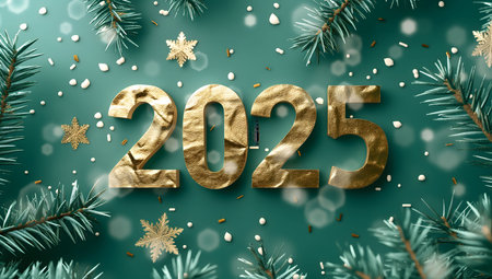 A festive New Year's greeting card featuring gold 2025 numbers surrounded by pine branches,...
