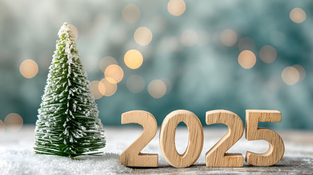 A miniature snow-covered Christmas tree sits beside the numbers 2025, set against a bokeh...