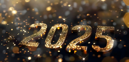 Sparkling gold 2025 digits against a dark background. Perfect for New Year's greetings.