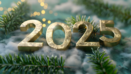 Happy New Year! Golden 2025 surrounded by festive elements.の写真素材