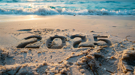 2025 written in the sand on a beach during sunrise. Peaceful summer vibes.の写真素材