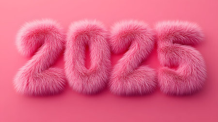 Pink fluffy numbers forming 2025 against a pink background. New Year's vibe