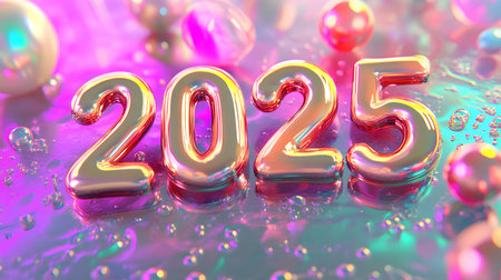 Shiny 2025 in pink and purple holographic style, with bubbles and spheres. New Year celebration...