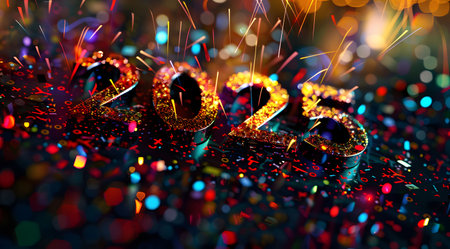 Happy New Year 2025! Sparkling numbers with fireworks and confetti.