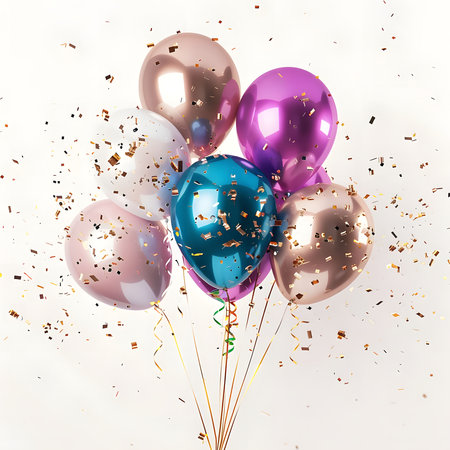 Vibrant balloons and confetti create a cheerful scene, perfect for a birthday or special occasion.の写真素材