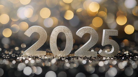 Silver numbers 2025 sparkle on a background of golden bokeh lights. New Year's Eve celebration